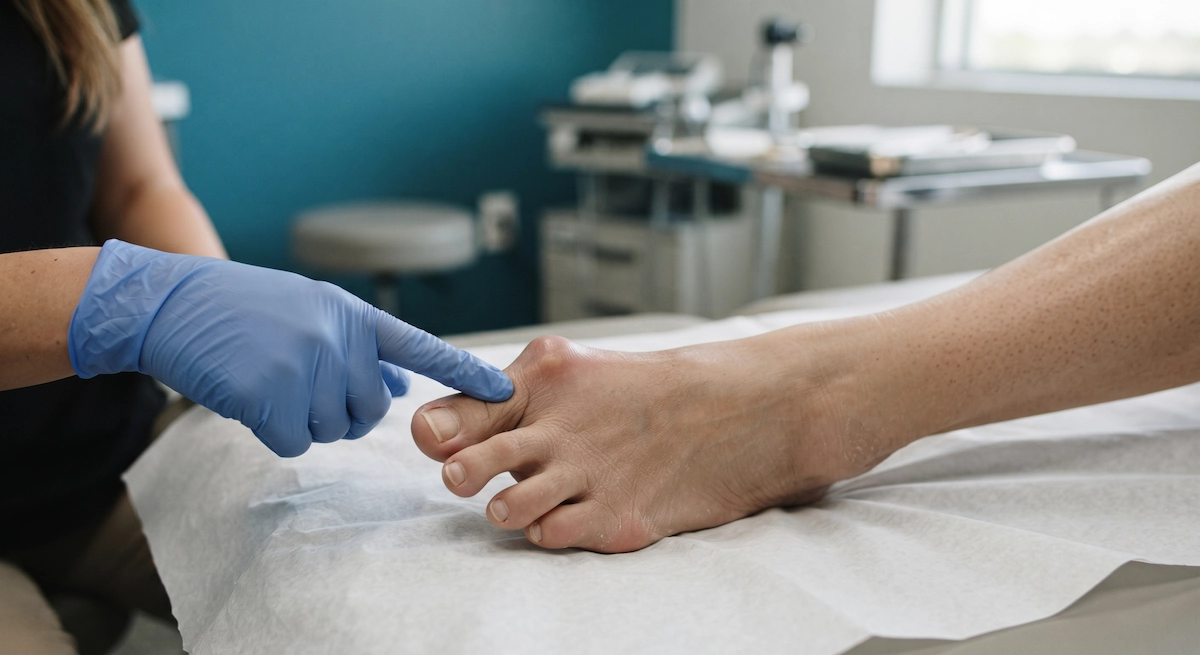 Juanete (hallux valgus) visible en el pie antes de cirugía en Terrassa